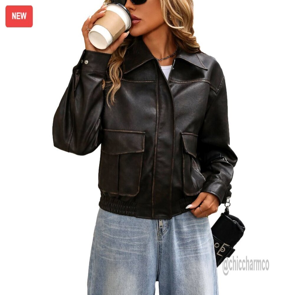 Faux Leather Bomber Jacket Distressed Button Front Aviator Biker Coat Vintage